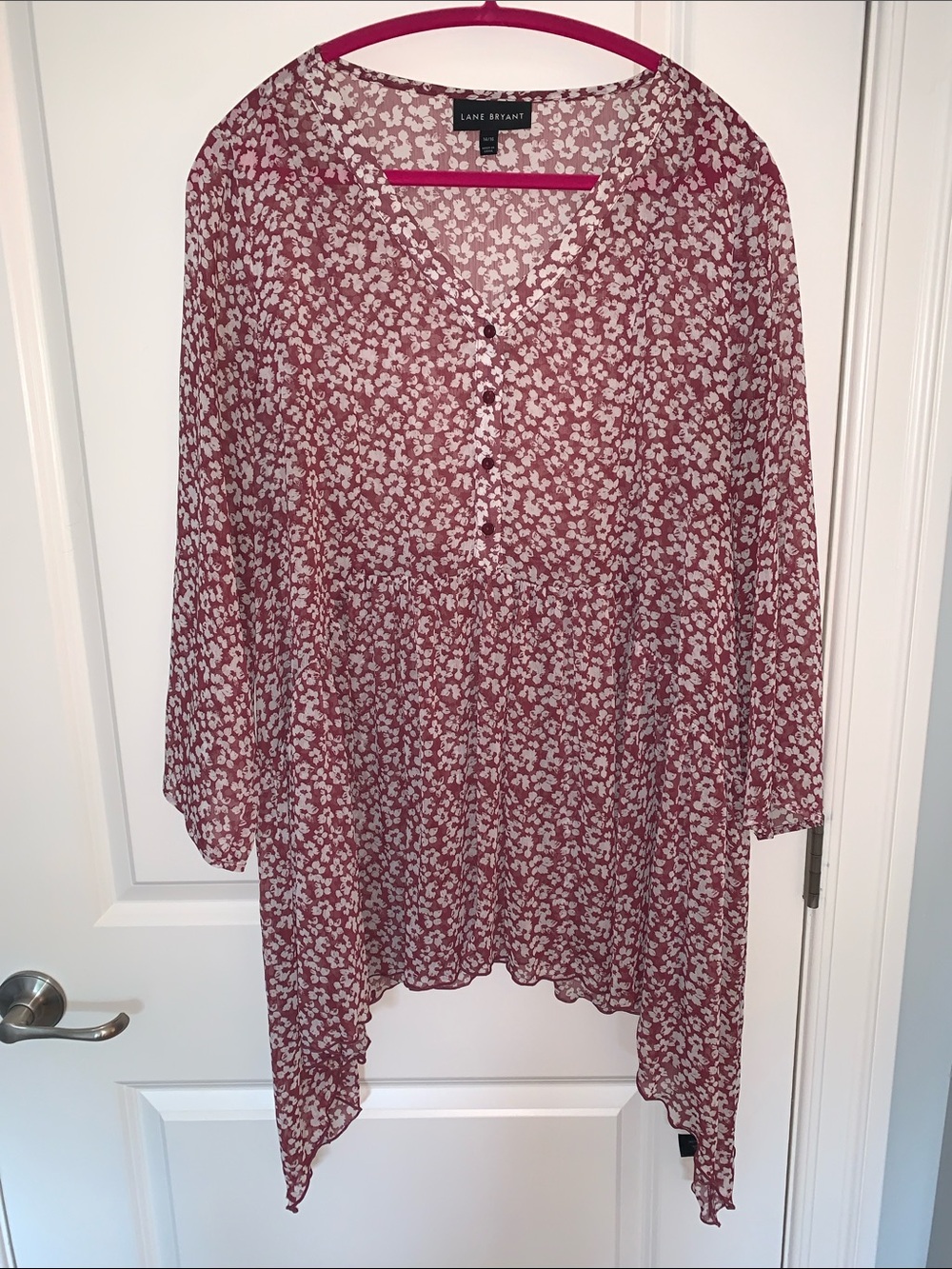Lane Bryant Burgundy Floral Chiffon Sharkbite Hem Blouse - 14/16